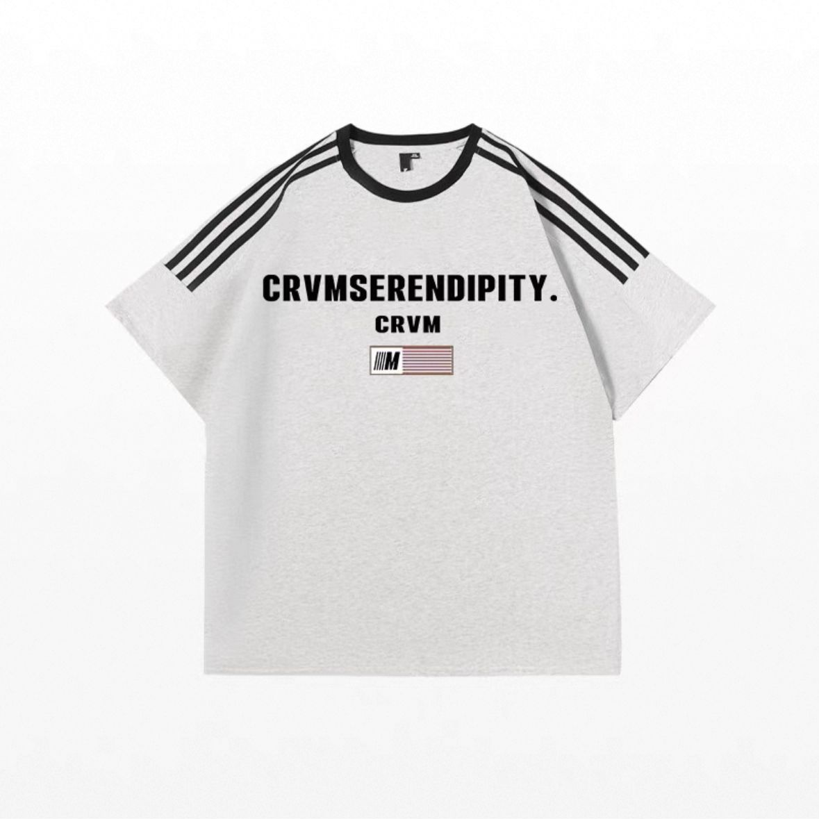 純棉短袖T恤 美式復古三條杠，寬松男女同款情侶風尚